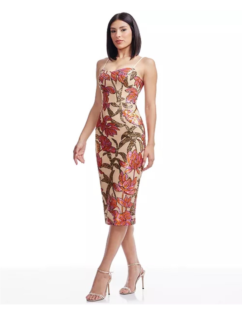 Dress the Population floral Midi Sheath Dress with Spaghetti Straps - Pink/Beige - Picture 2 of 9